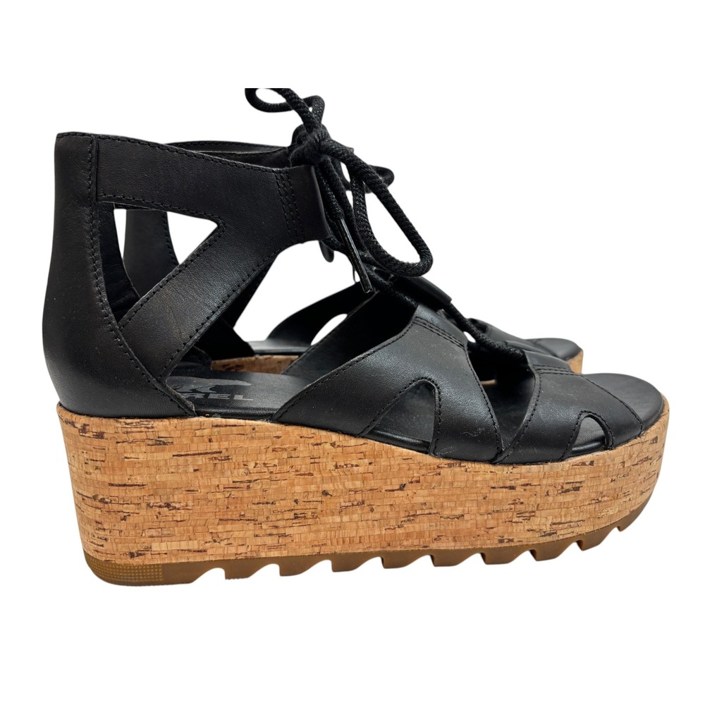 Sorel Joanie II Lace Black Leather Cork Platform Wedge Gladiator Sandals 8.5 - Picture 2 of 11